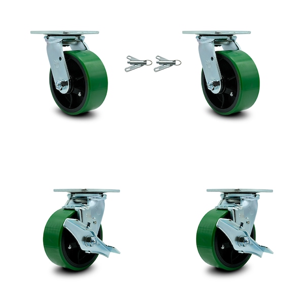 Service Caster 5 Inch Green Poly on Steel Caster Set with Roller Bearings 2 Swivel Lock 2 Brake SCC-30CS520-PUR-GB-BSL-2-TLB-2 - main